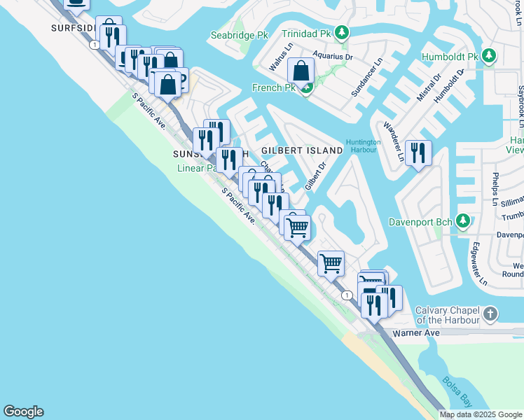 map of restaurants, bars, coffee shops, grocery stores, and more near in Huntington Beach