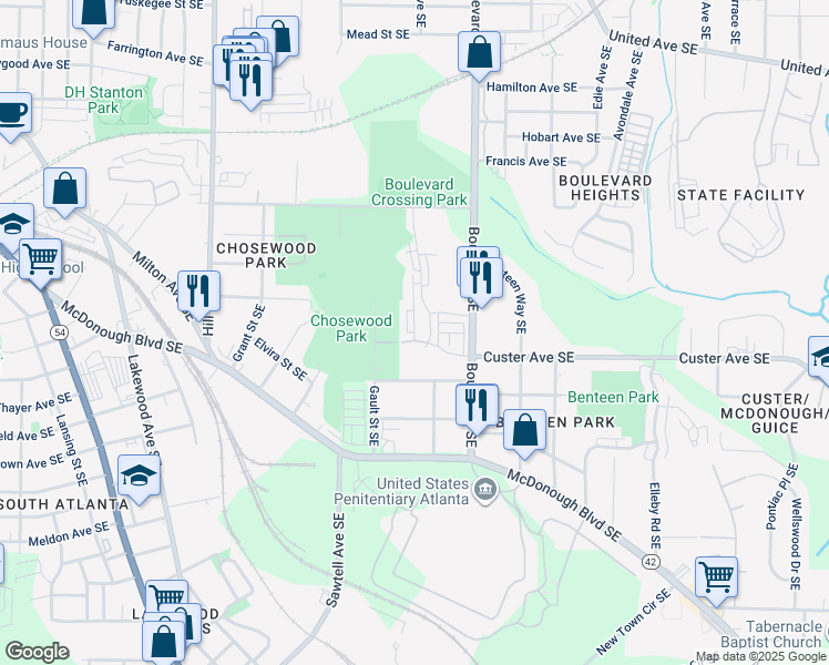 map of restaurants, bars, coffee shops, grocery stores, and more near 1332 Breezy Street Southeast in Atlanta