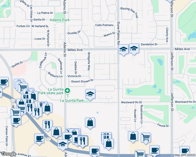 map of restaurants, bars, coffee shops, grocery stores, and more near 79300 Desert Stream Drive in La Quinta