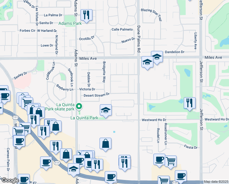 map of restaurants, bars, coffee shops, grocery stores, and more near 79300 Desert Stream Drive in La Quinta