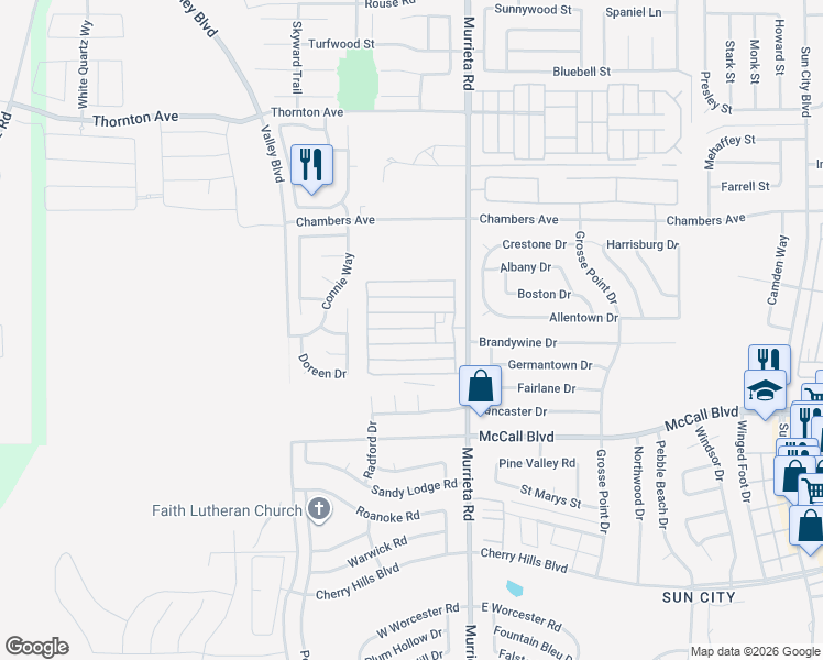 map of restaurants, bars, coffee shops, grocery stores, and more near Dudar Drive in Menifee