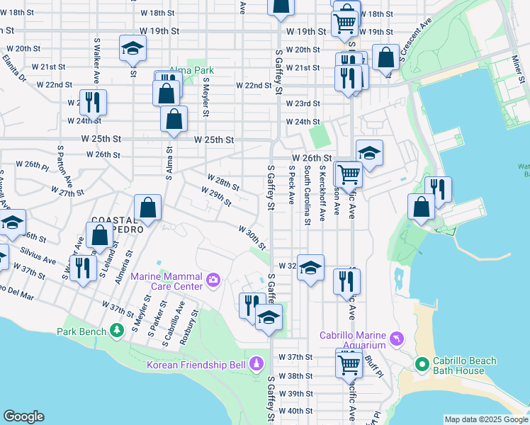 map of restaurants, bars, coffee shops, grocery stores, and more near 2812 South Gaffey Street in Los Angeles