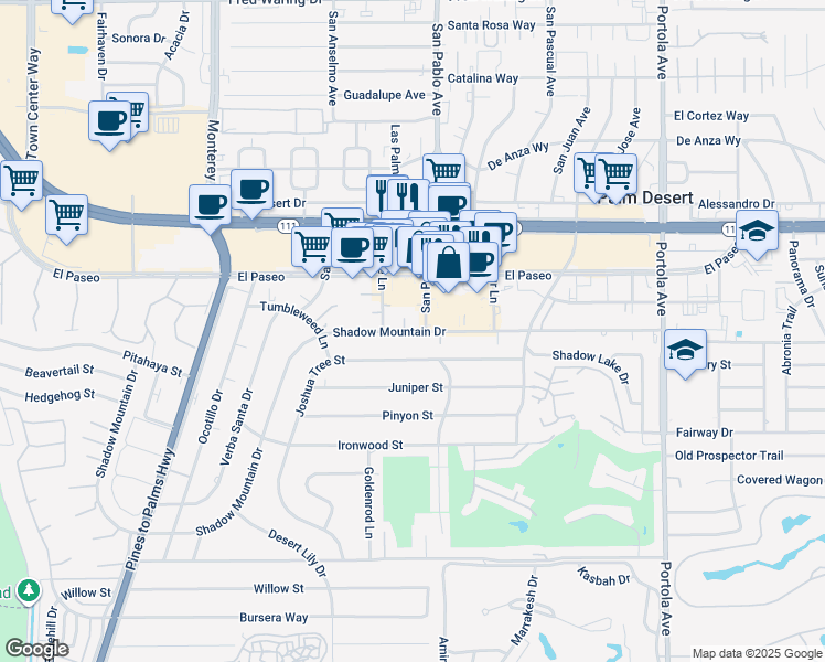 map of restaurants, bars, coffee shops, grocery stores, and more near 45407 San Pablo Avenue in Palm Desert