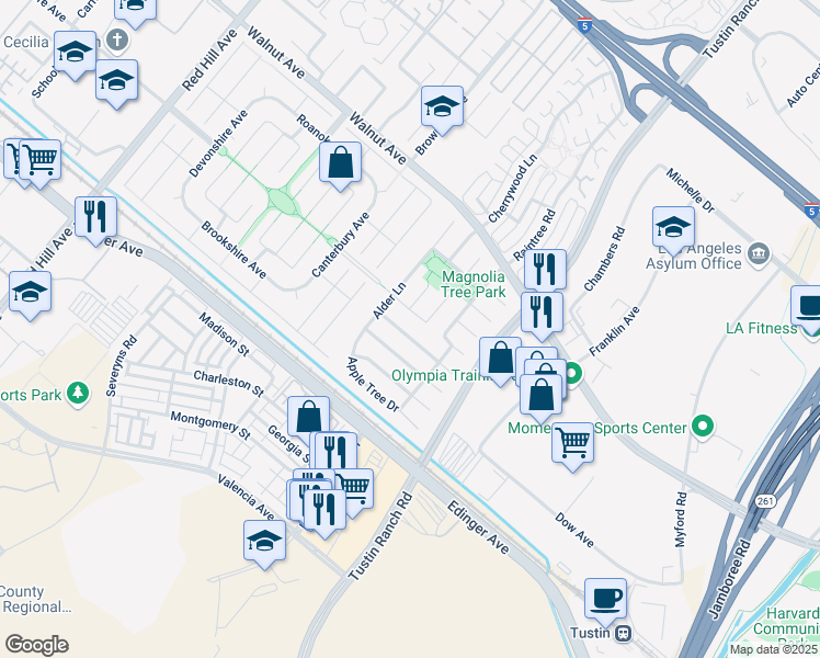 map of restaurants, bars, coffee shops, grocery stores, and more near 2202 Sycamore Avenue in Tustin