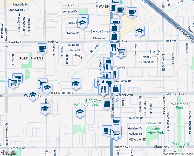 map of restaurants, bars, coffee shops, grocery stores, and more near in Huntington Beach