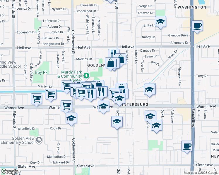 map of restaurants, bars, coffee shops, grocery stores, and more near 7252 La Mancha Circle in Huntington Beach