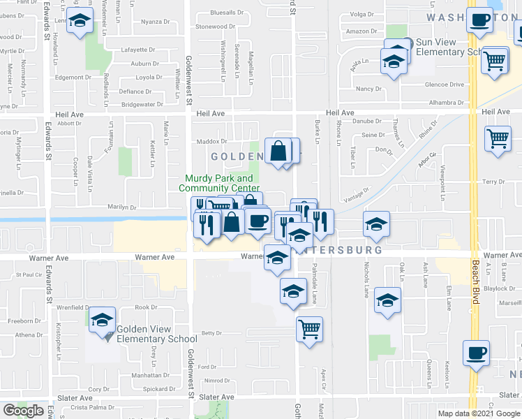 map of restaurants, bars, coffee shops, grocery stores, and more near 7252 La Mancha Circle in Huntington Beach