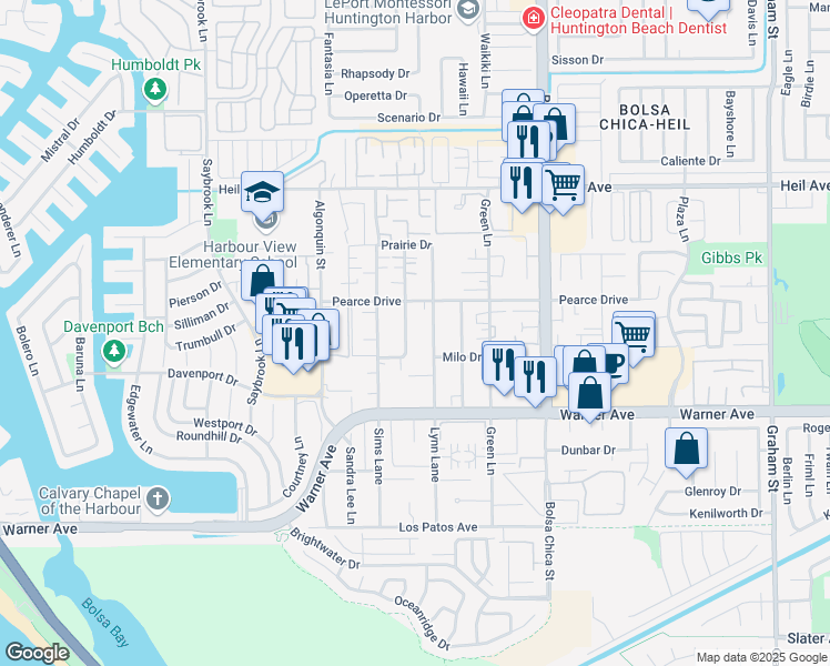 map of restaurants, bars, coffee shops, grocery stores, and more near 16761 Blanton Lane in Huntington Beach