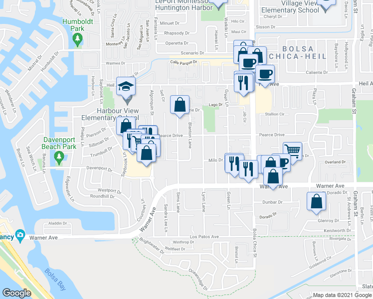 map of restaurants, bars, coffee shops, grocery stores, and more near 16761 Blanton Lane in Huntington Beach