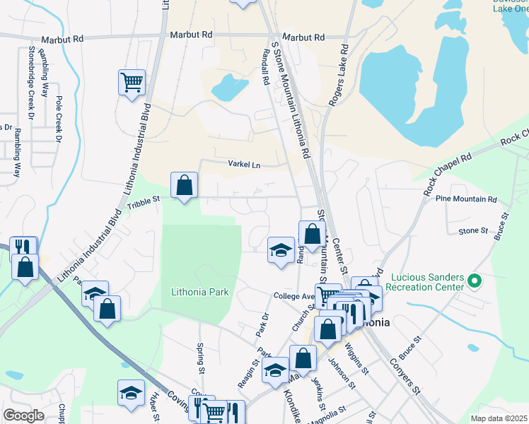 map of restaurants, bars, coffee shops, grocery stores, and more near 6781-6799 Tribble Street in Lithonia