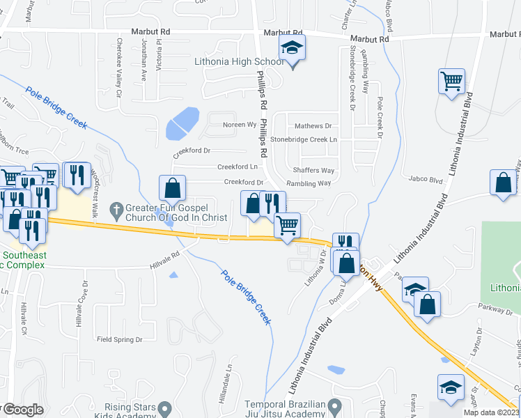 map of restaurants, bars, coffee shops, grocery stores, and more near 6332 Wellington Walk Way in Lithonia