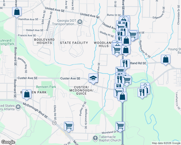 map of restaurants, bars, coffee shops, grocery stores, and more near 1379 Knob Hill Court Southeast in Atlanta