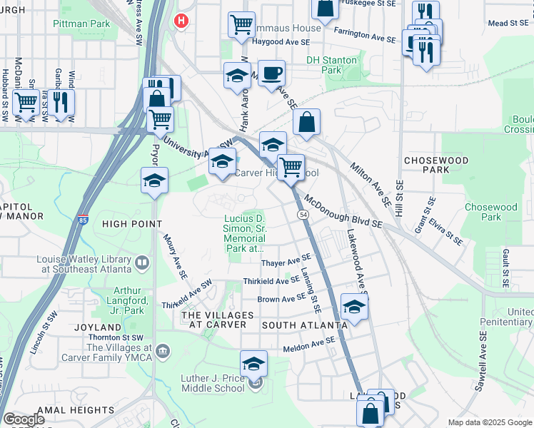 map of restaurants, bars, coffee shops, grocery stores, and more near 43 Gammon Street Southeast in Atlanta