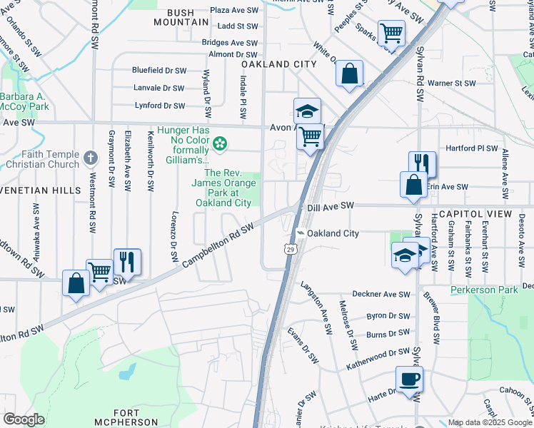 map of restaurants, bars, coffee shops, grocery stores, and more near 1332 Oakland Drive Southwest in Atlanta