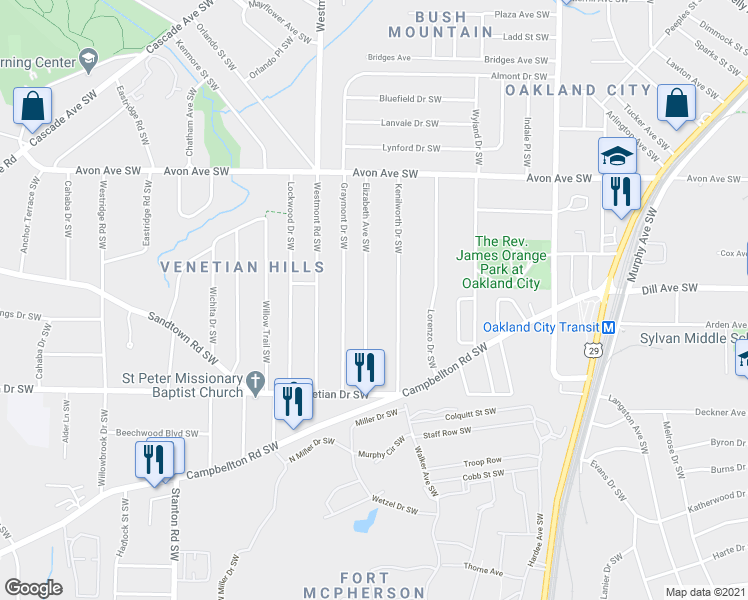map of restaurants, bars, coffee shops, grocery stores, and more near 1342 Elizabeth Avenue Southwest in Atlanta