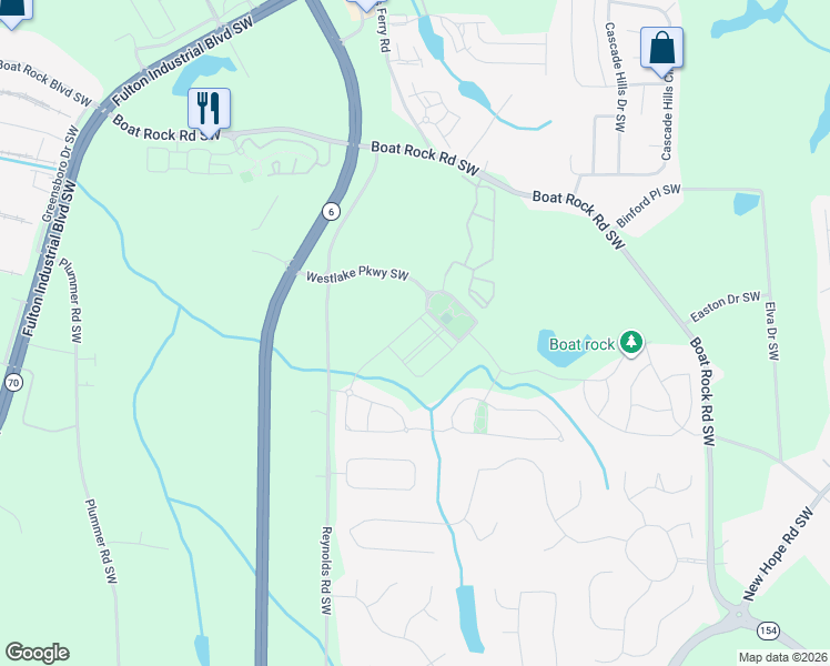 map of restaurants, bars, coffee shops, grocery stores, and more near 1324 Stone Bay Drive Southwest in Atlanta