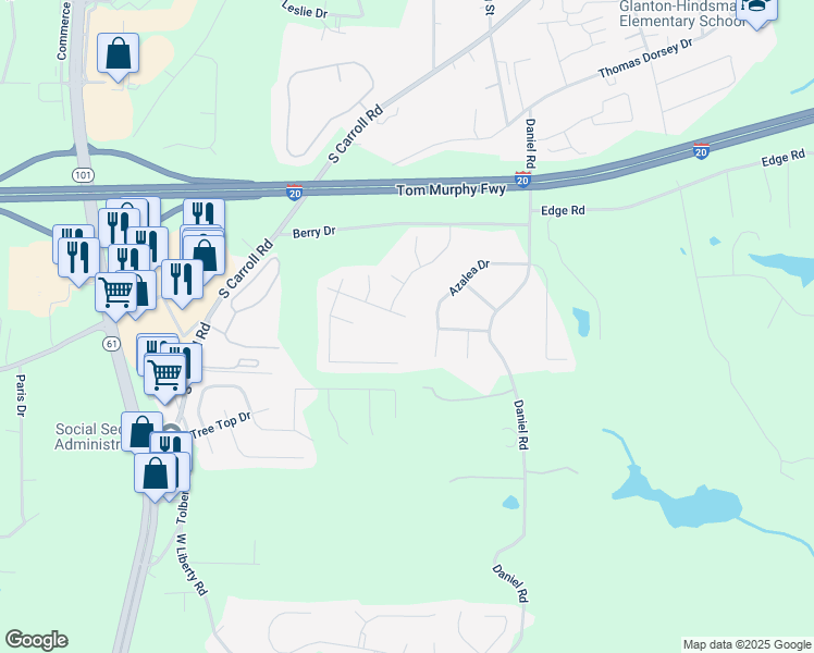 map of restaurants, bars, coffee shops, grocery stores, and more near 403 Ridgewood Drive in Villa Rica