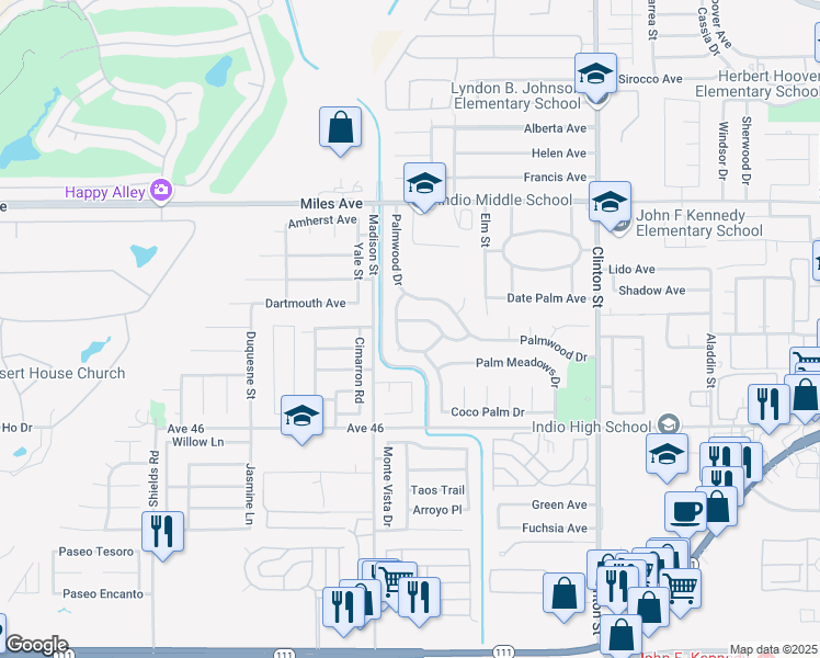 map of restaurants, bars, coffee shops, grocery stores, and more near 81093 Pindo Drive in Indio