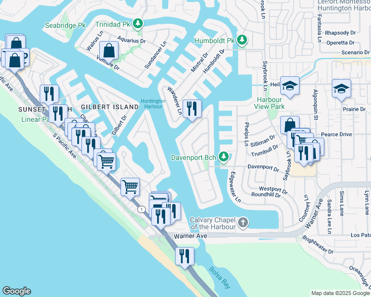map of restaurants, bars, coffee shops, grocery stores, and more near 16802 Bolero Lane in Huntington Beach