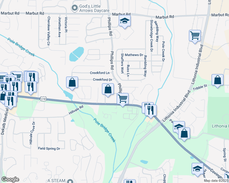 map of restaurants, bars, coffee shops, grocery stores, and more near 2401 Phillips Road in Lithonia