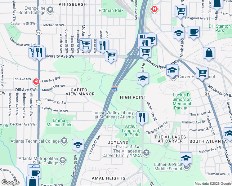 map of restaurants, bars, coffee shops, grocery stores, and more near 166 Bowen Circle Southwest in Atlanta