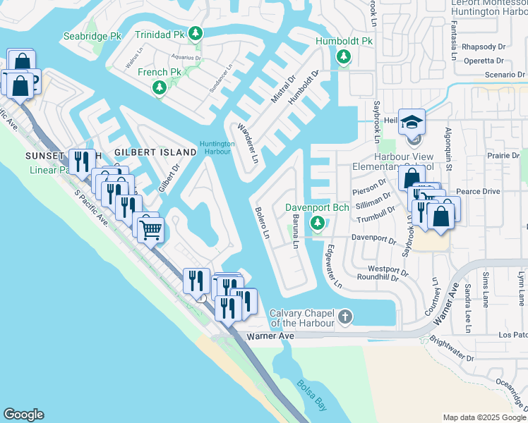 map of restaurants, bars, coffee shops, grocery stores, and more near 16802 Bolero Lane in Huntington Beach