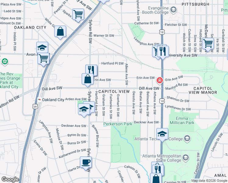 map of restaurants, bars, coffee shops, grocery stores, and more near in Atlanta