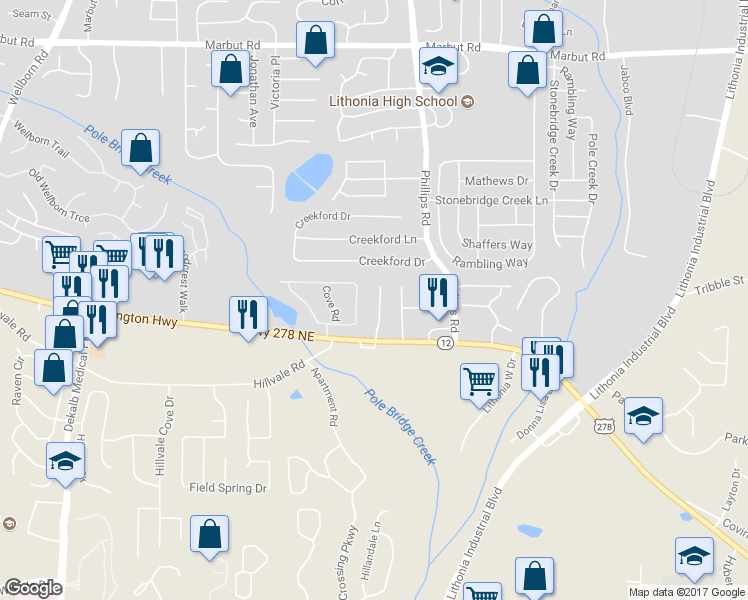 map of restaurants, bars, coffee shops, grocery stores, and more near 2367 Cragstone Court in Lithonia