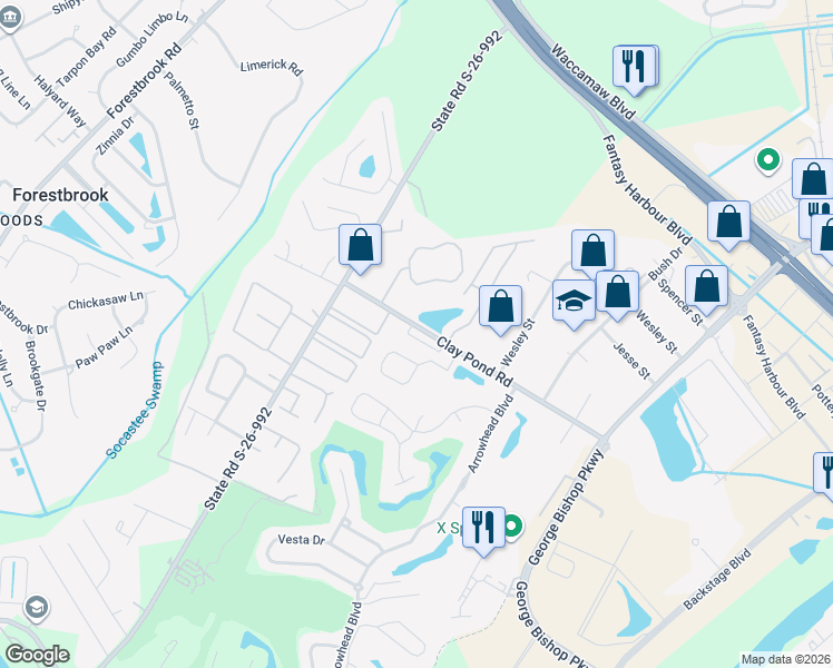 map of restaurants, bars, coffee shops, grocery stores, and more near 101 Fountain Pointe Lane in Myrtle Beach
