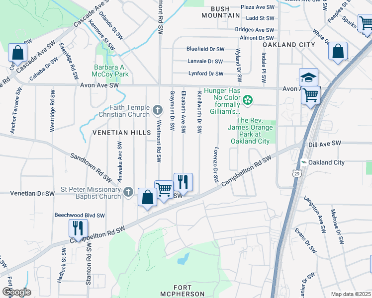map of restaurants, bars, coffee shops, grocery stores, and more near 1342 Elizabeth Avenue Southwest in Atlanta