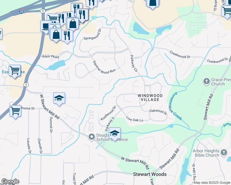 map of restaurants, bars, coffee shops, grocery stores, and more near 9730 Cobble Creek Drive in Douglasville