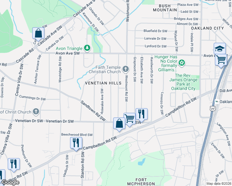 map of restaurants, bars, coffee shops, grocery stores, and more near 1352 Willow Trail Southwest in Atlanta