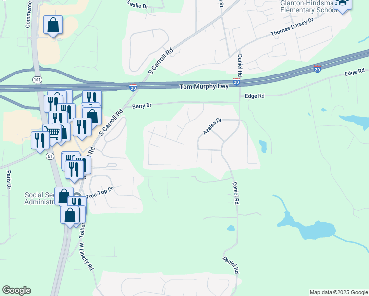 map of restaurants, bars, coffee shops, grocery stores, and more near 403 Ridgewood Drive in Villa Rica