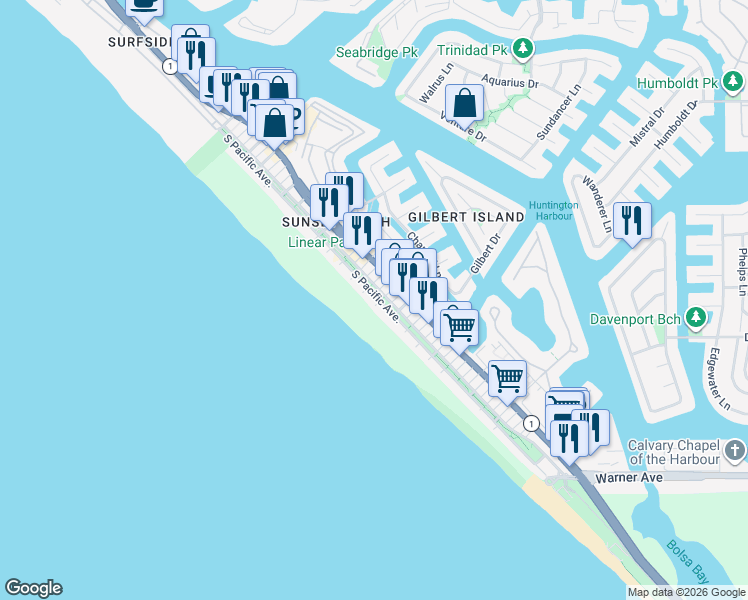 map of restaurants, bars, coffee shops, grocery stores, and more near 16779 South Pacific Avenue in Huntington Beach