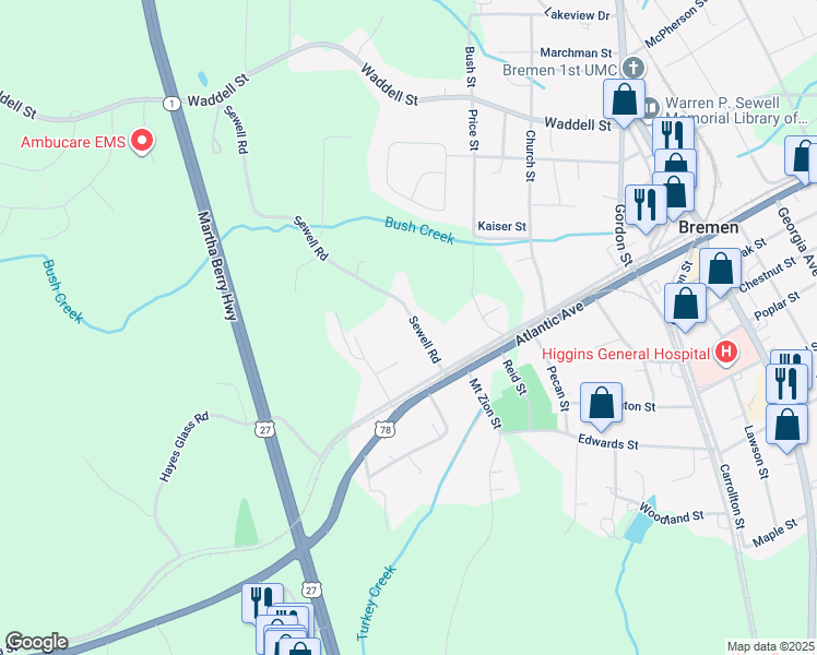 map of restaurants, bars, coffee shops, grocery stores, and more near 78 Sewell Road in Bremen