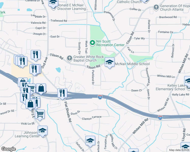 map of restaurants, bars, coffee shops, grocery stores, and more near 2416 Parkland Drive in Decatur
