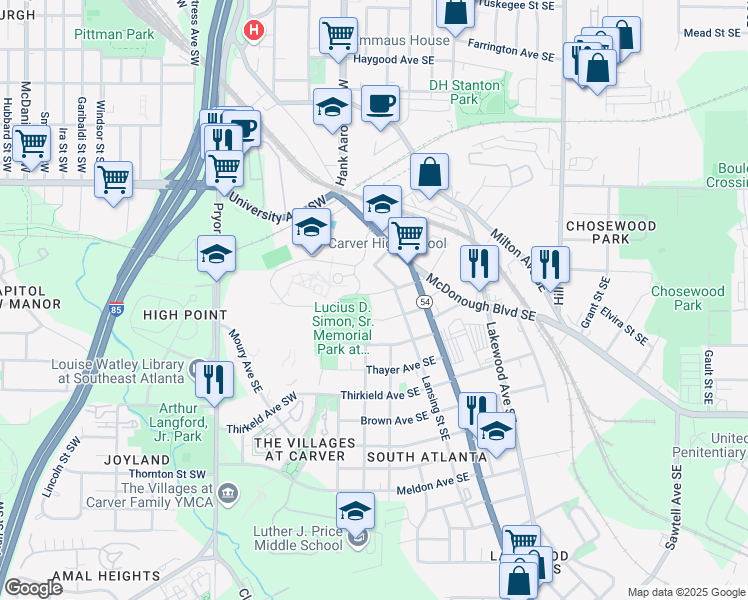 map of restaurants, bars, coffee shops, grocery stores, and more near 43 Gammon Street Southeast in Atlanta