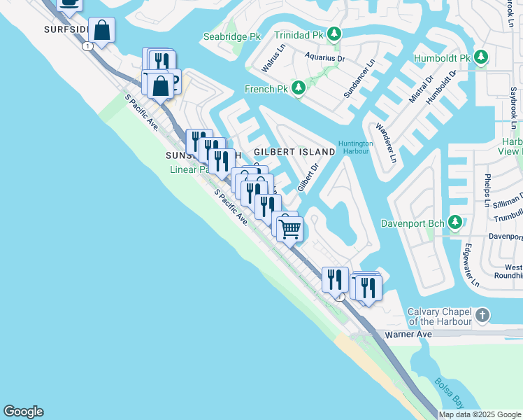map of restaurants, bars, coffee shops, grocery stores, and more near 16822 Pacific Coast Highway in Huntington Beach