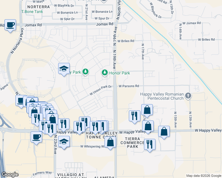 map of restaurants, bars, coffee shops, grocery stores, and more near 1920 West Union Park Drive in Phoenix