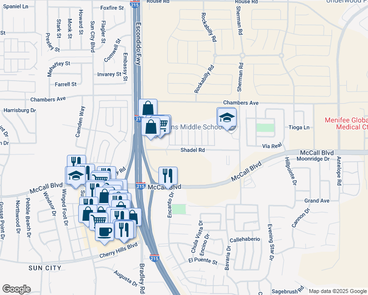 map of restaurants, bars, coffee shops, grocery stores, and more near 27150 Shadel Road in Menifee