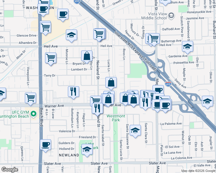 map of restaurants, bars, coffee shops, grocery stores, and more near 8572 Arnett Drive in Huntington Beach