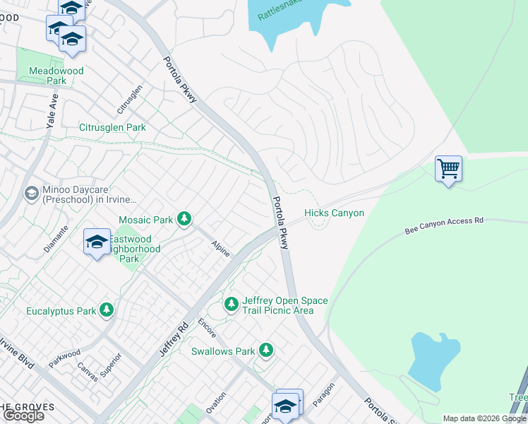 map of restaurants, bars, coffee shops, grocery stores, and more near 100 Lovelace in Irvine