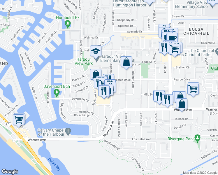 map of restaurants, bars, coffee shops, grocery stores, and more near 4434 Boardwalk Drive in Huntington Beach