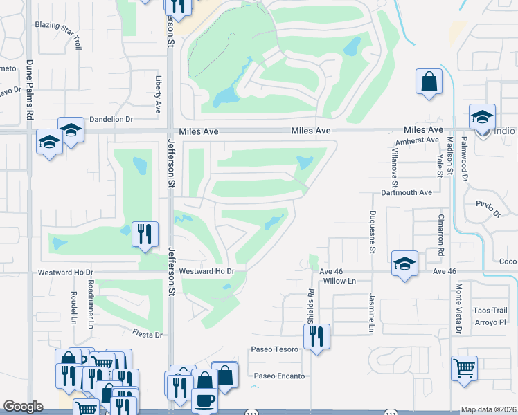 map of restaurants, bars, coffee shops, grocery stores, and more near 80290 Pebble Beach Drive in Indio