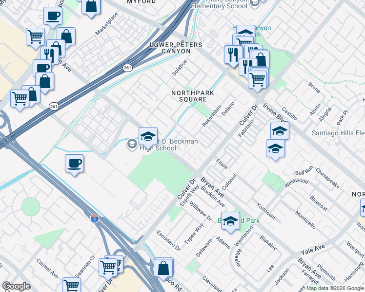 map of restaurants, bars, coffee shops, grocery stores, and more near 35 Taquitz in Irvine