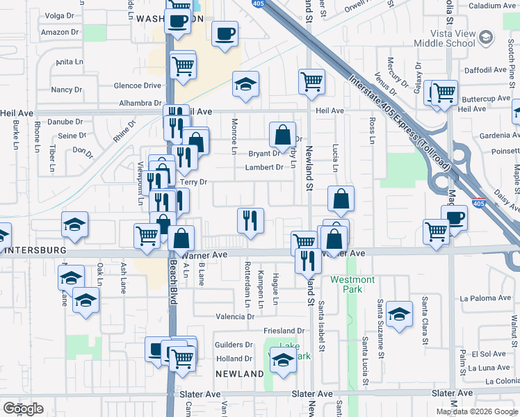 map of restaurants, bars, coffee shops, grocery stores, and more near 16792 Montclair Lane in Huntington Beach