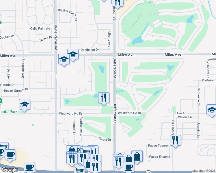 map of restaurants, bars, coffee shops, grocery stores, and more near 45541 Big Canyon Street in Indio