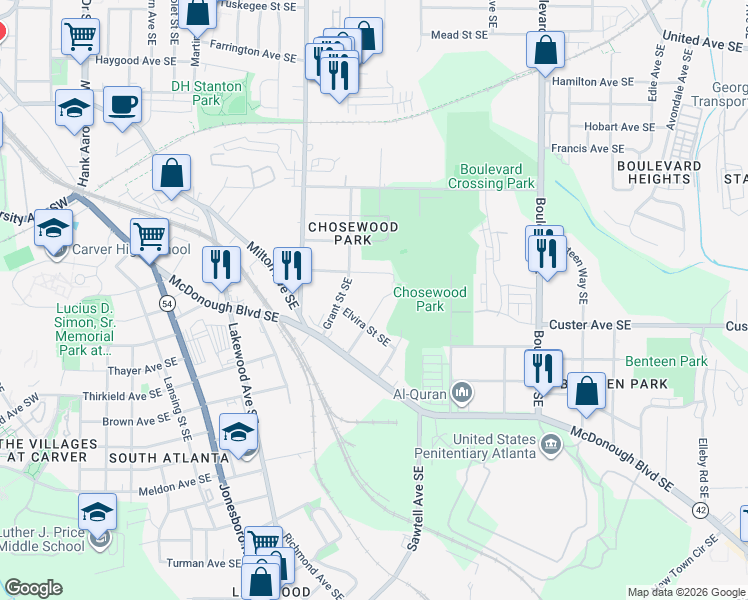 map of restaurants, bars, coffee shops, grocery stores, and more near 1327 Miller Reed Avenue Southeast in Atlanta