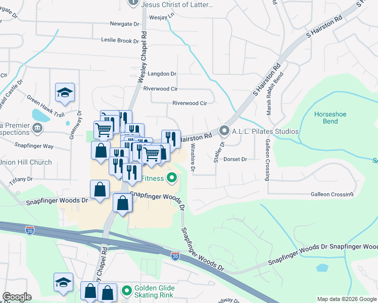 map of restaurants, bars, coffee shops, grocery stores, and more near 2373 Winshire Drive in Decatur