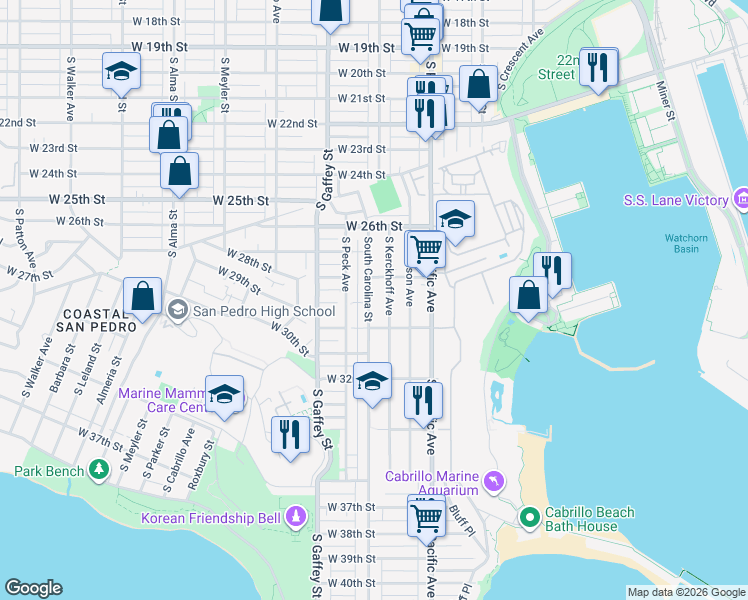 map of restaurants, bars, coffee shops, grocery stores, and more near 2840 South Carolina Street in Los Angeles
